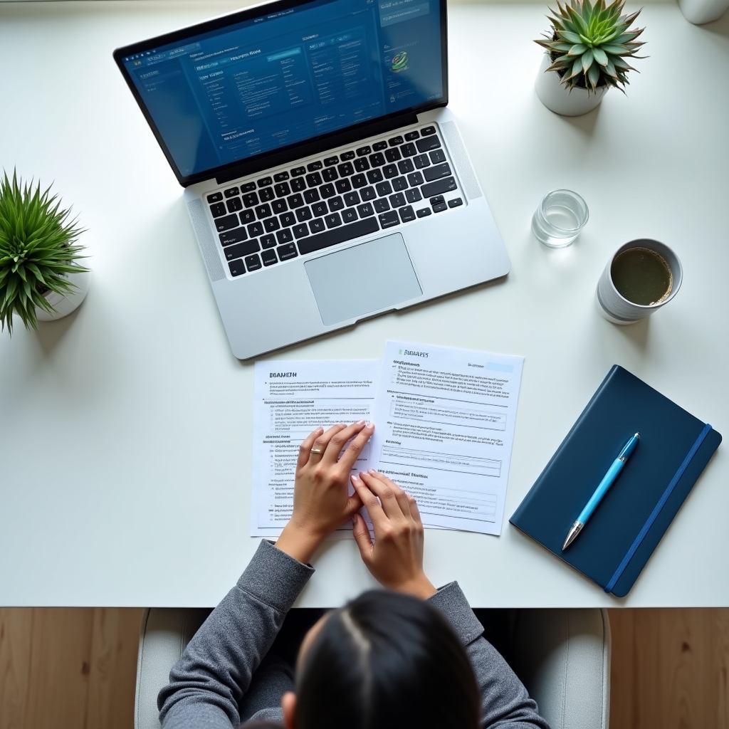 Moderner Arbeitsplatz mit DSGVO-Dokumenten und digitalem Dashboard
