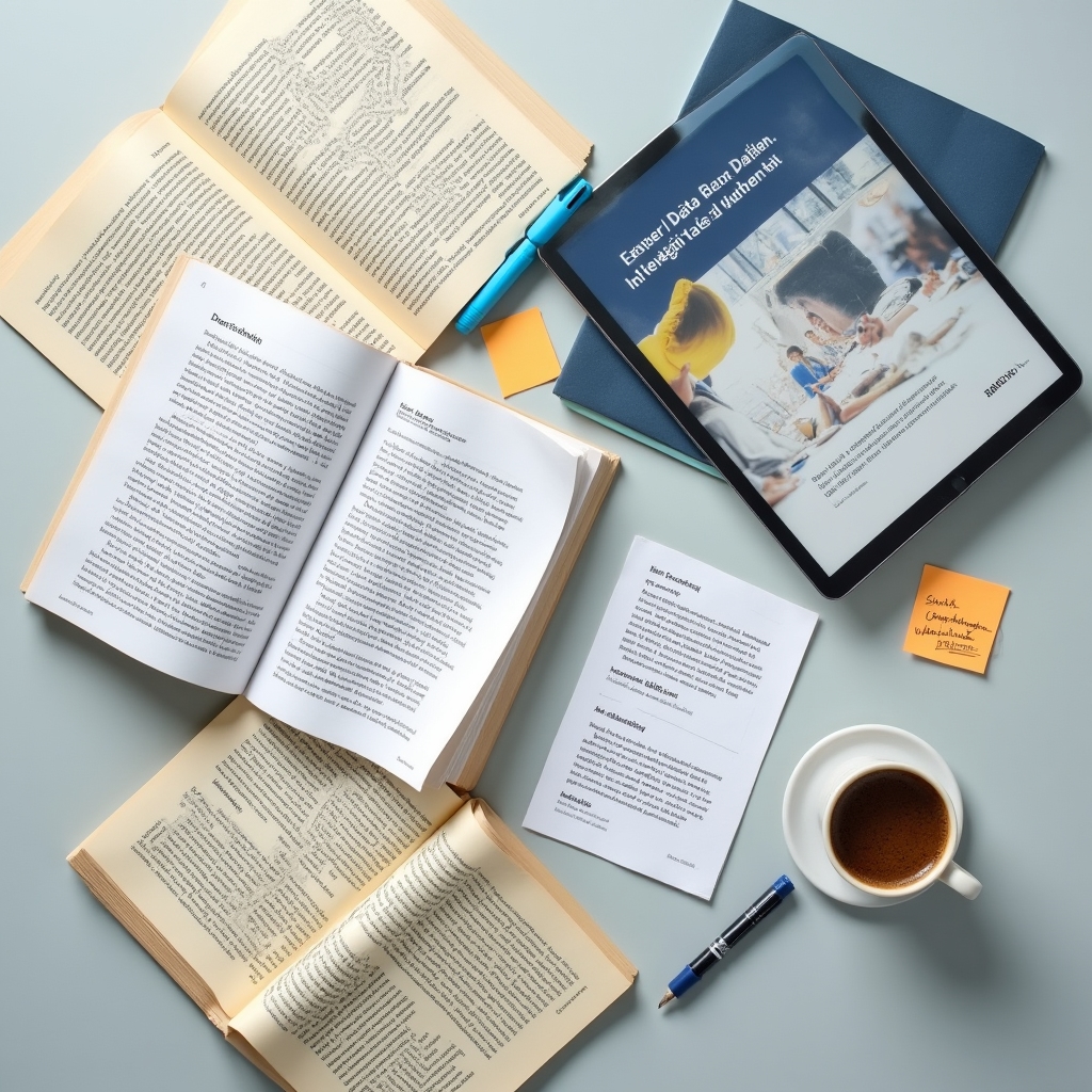 Stapel von Datenschutz-Fachbüchern und digitalen Ressourcen auf einem Schreibtisch